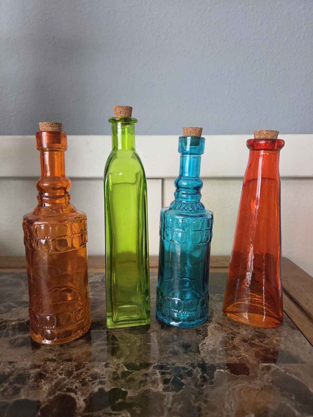 Set of 4 Colored Glass Bottles with Corks - Boho Orange, Lime, Teal, Red